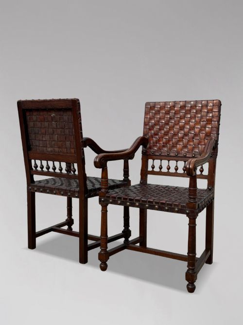 PAIR OF 19TH CENTURY OAK WOVEN LEATHER ARMCHAIRS C1880 - ADDITIONAL PHOTO 10