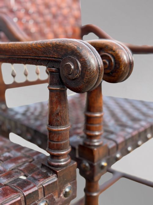 PAIR OF 19TH CENTURY OAK WOVEN LEATHER ARMCHAIRS C1880 - ADDITIONAL PHOTO 11