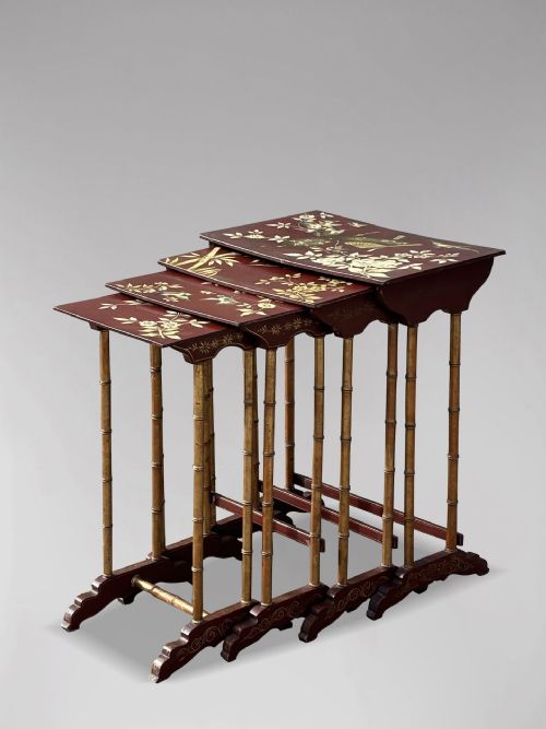 19TH CENTURY FRENCH NEST OF 4 FLORAL PAINTED TABLES C1880 - ADDITIONAL PHOTO 1