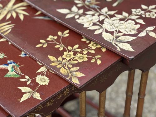 19TH CENTURY FRENCH NEST OF 4 FLORAL PAINTED TABLES C1880 - ADDITIONAL PHOTO 6