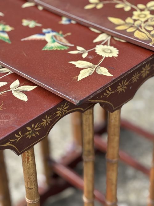 19TH CENTURY FRENCH NEST OF 4 FLORAL PAINTED TABLES C1880 - ADDITIONAL PHOTO 7