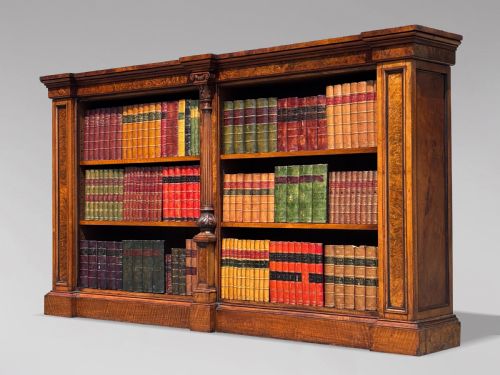 19TH CENTURY WILLIAM IV PERIOD BURR WALNUT LOW OPEN BOOKCASE C1840