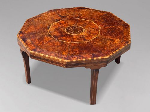 19TH CENTURY OCTAGONAL INLAID BURR YEW WOOD COFFEE TABLE C1880