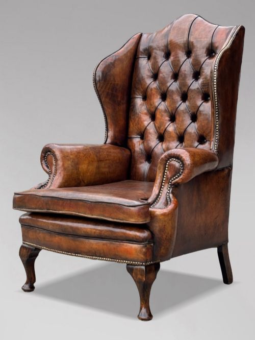 19th Century Brown Leather Button Wing Armchair, C1890