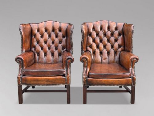 Pair of 19th Century Brown Leather Wing Back Armchairs, C1890