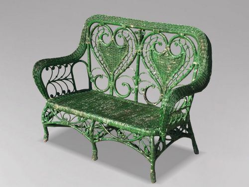 20th Century French Green Painted Wicker Bench, C1930