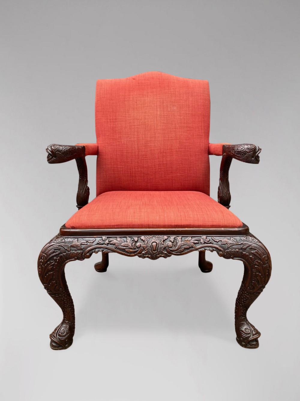 19TH CENTURY CARVED MAHOGANY GAINSBOROUGH ARMCHAIR