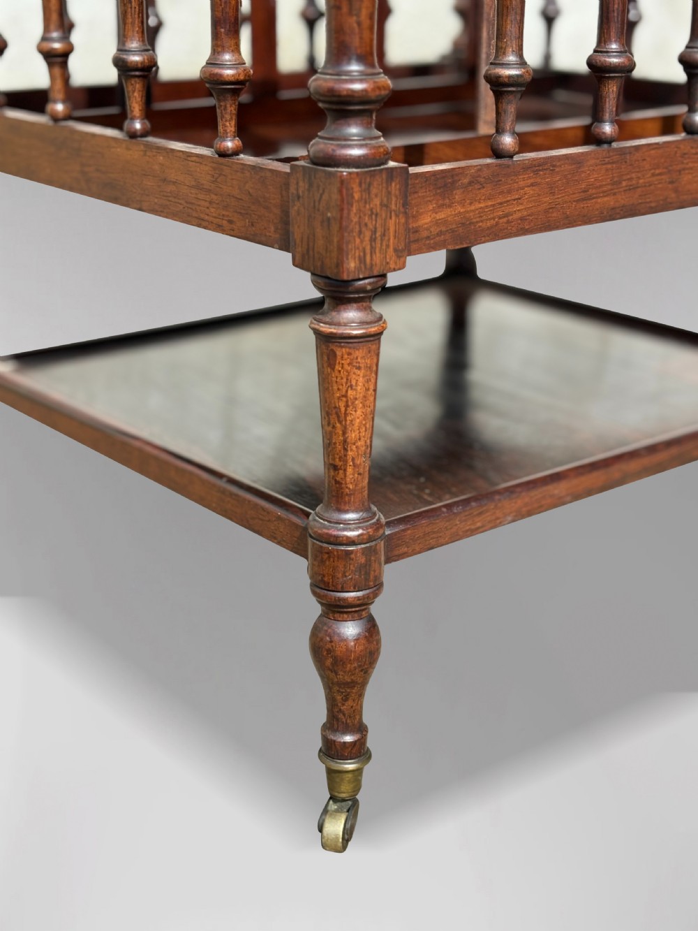 A nineteenth-century dark rosewood canterbury featuring turned spindle supports, divided upper compartments, a lower open shelf, and brass castors. View III
