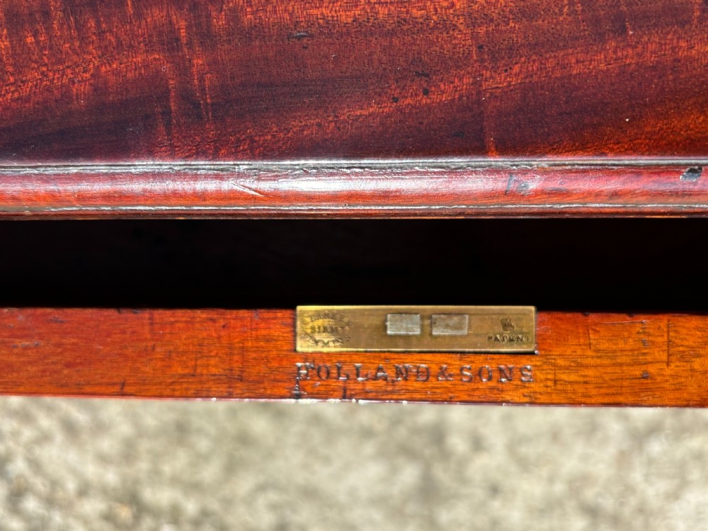 A Victorian flame mahogany partners desk featuring a brown leather inset writing surface, multiple drawers with brass knob handles on twin pedestals, resting on plinth bases. View VI