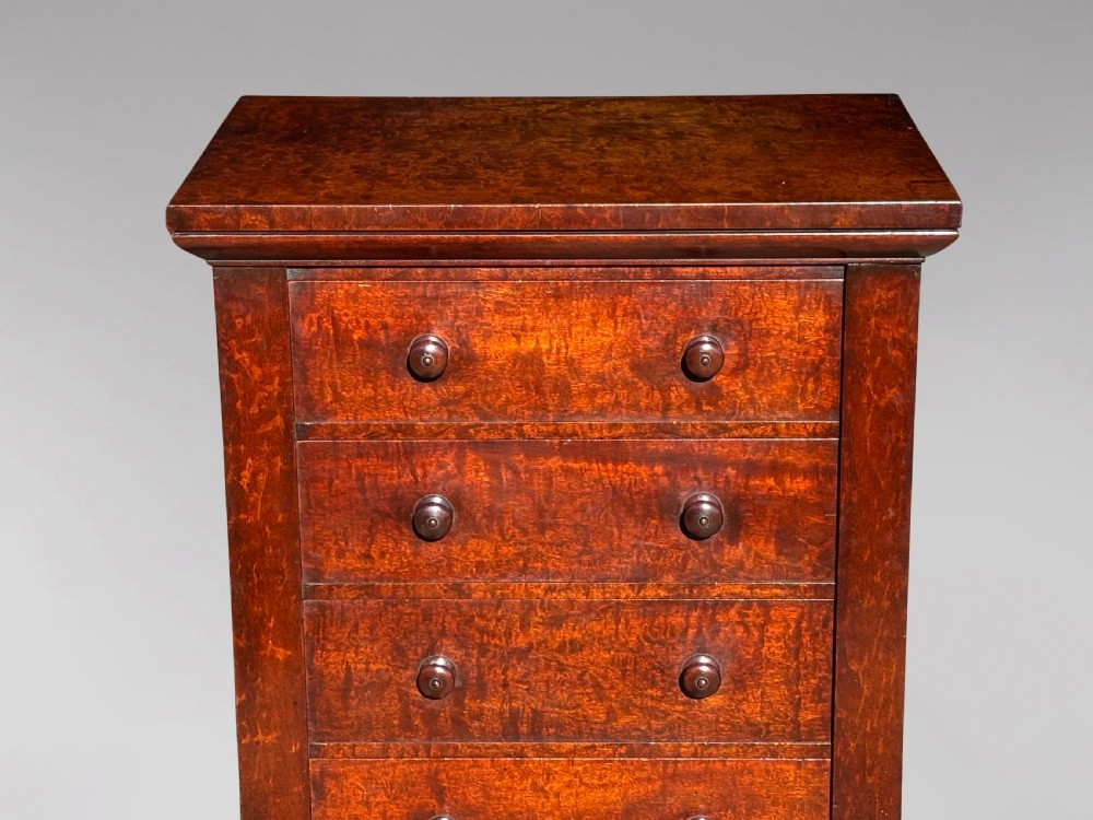 A tall 19th-century Georgian mahogany Wellington chest featuring seven graduated drawers with turned knobs and a hinged side locking flap. View IX