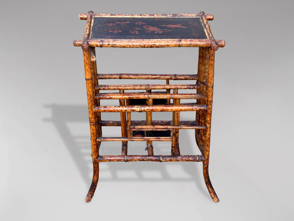 A late 19th-century tiger bamboo side table with a hand-painted lacquered top and integrated lower magazine rack dividers. View III