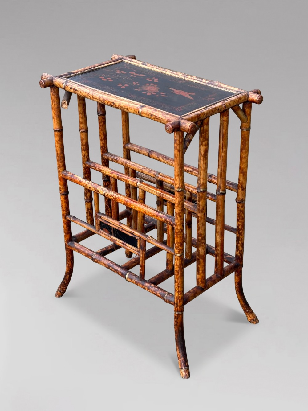 A late 19th-century tiger bamboo side table with a hand-painted lacquered top and integrated lower magazine rack dividers. View IX