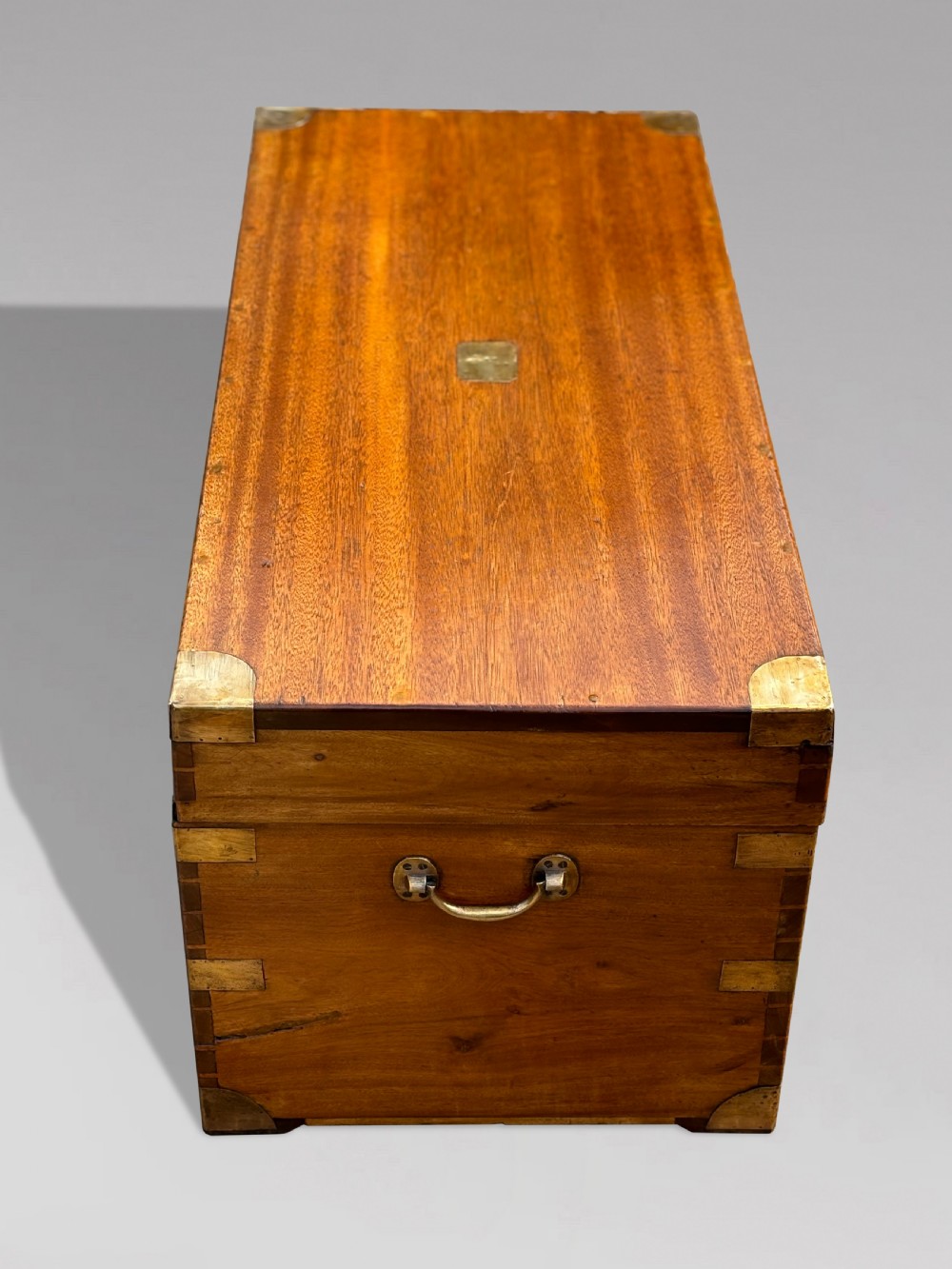 A rectangular 19th-century camphor wood campaign trunk featuring flush brass corner brackets, recessed side handles, and a central brass lock plate. View V