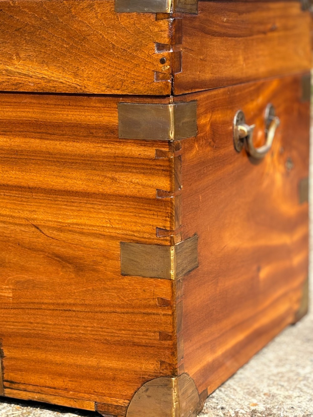 A rectangular 19th-century camphor wood campaign trunk featuring flush brass corner brackets, recessed side handles, and a central brass lock plate. View VI