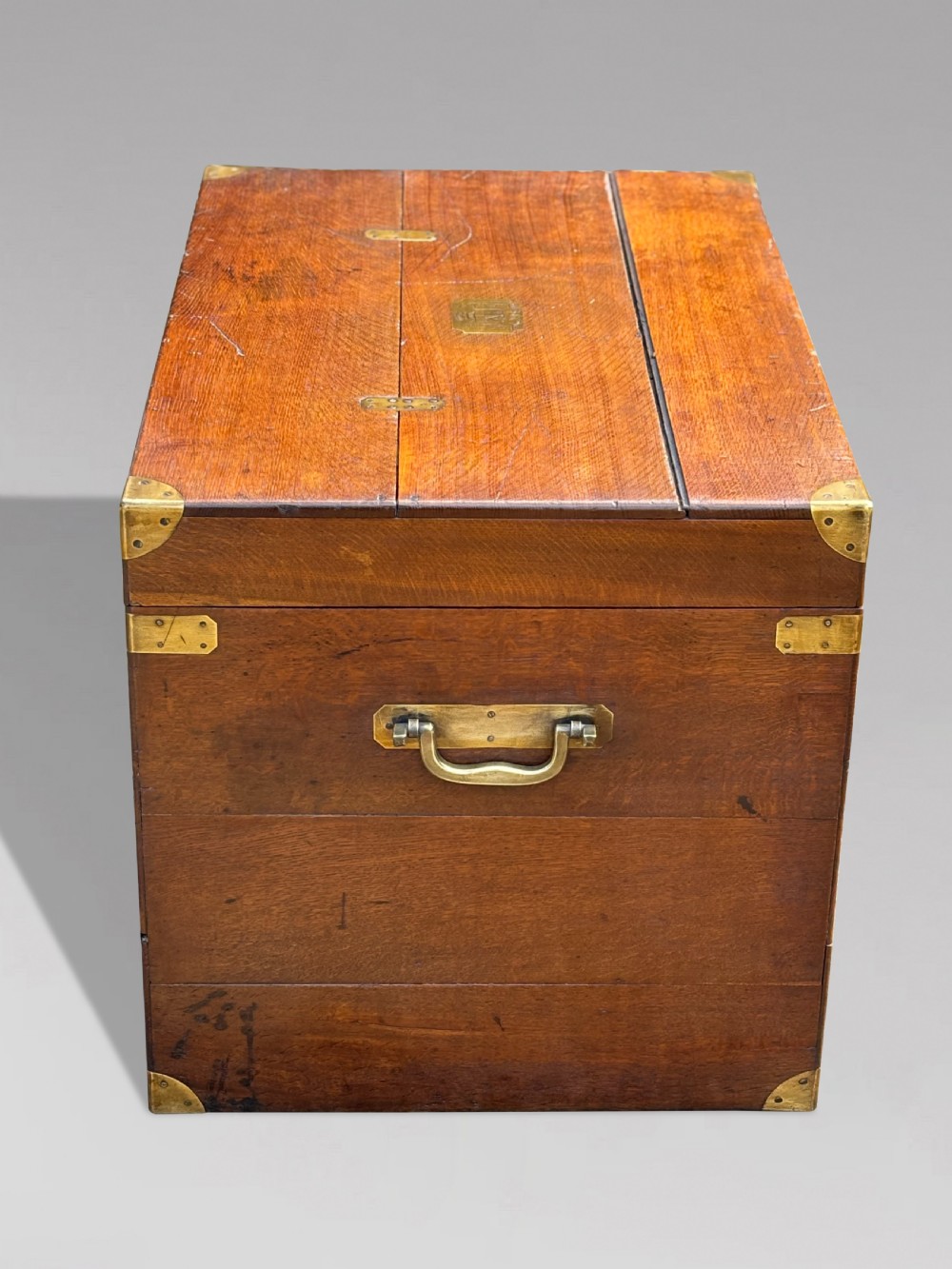 A large rectangular 19th-century oak travelling trunk featuring brass corner mounts, drop side handles, and an inlaid lid cartouche. View V
