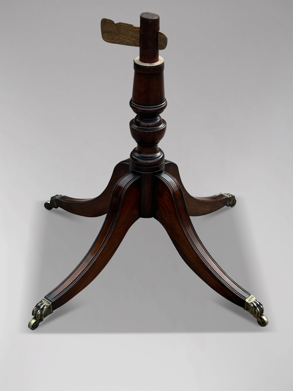 A 19th-century circular mahogany drum table featuring a red leather inlaid top, brass lion mask handles on perimeter drawers, and a pedestal base on splayed legs with brass paw castors. View V