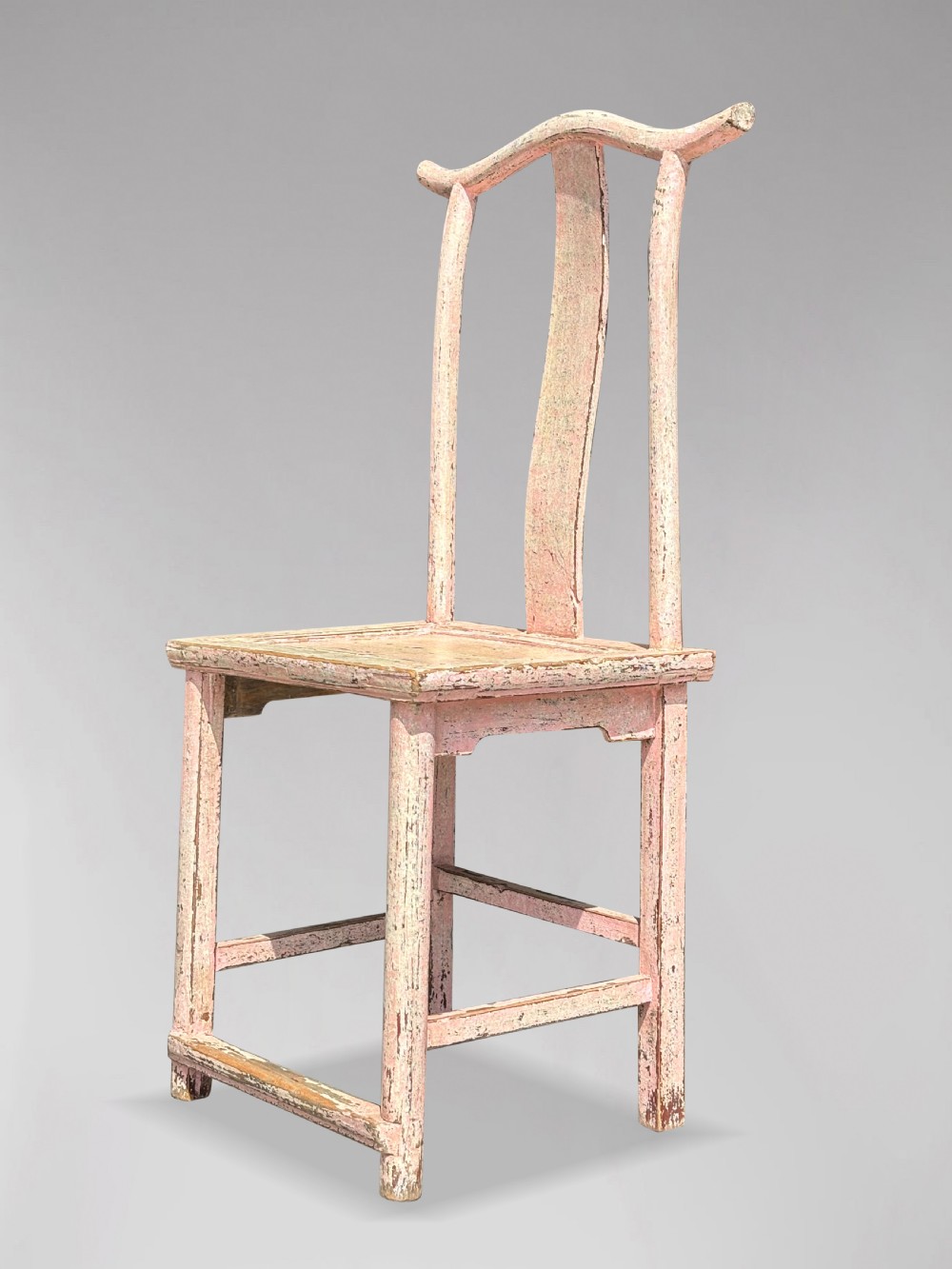 A pair of 19th-century Chinese yoke-back side chairs featuring a distressed pale pink painted finish, curved top rails, and central vertical back splats. View VIII