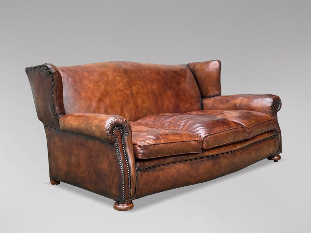 LARGE 19TH CENTURY THREE SEATER TAN LEATHER SOFA