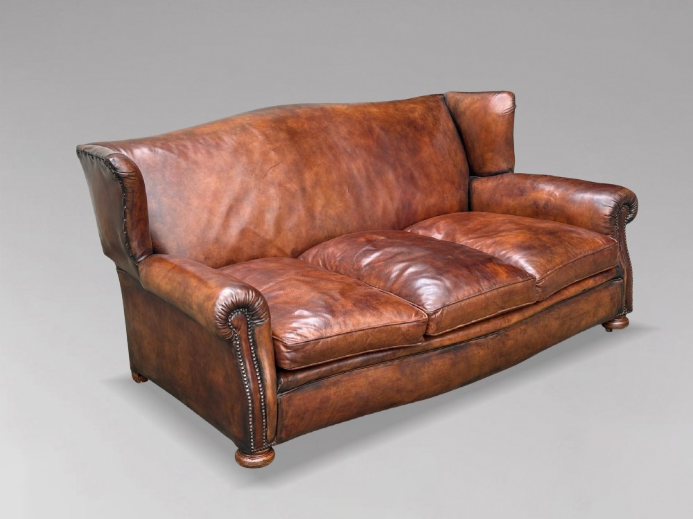 LARGE 19TH CENTURY THREE SEATER TAN LEATHER SOFA View II