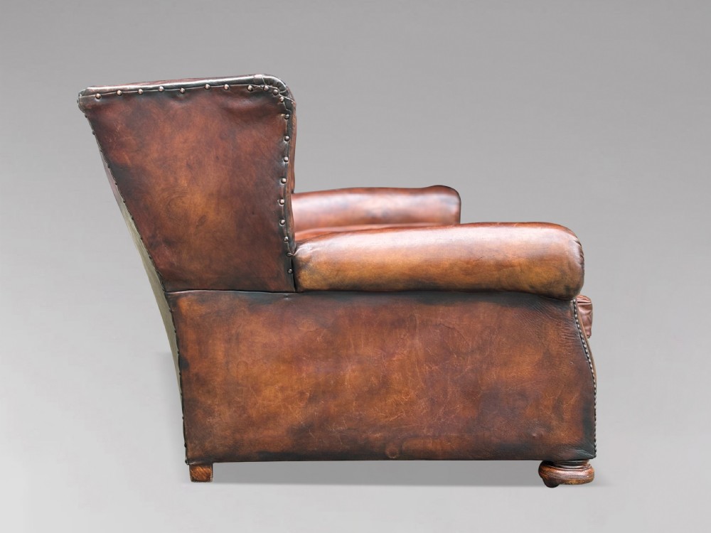 LARGE 19TH CENTURY THREE SEATER TAN LEATHER SOFA View V