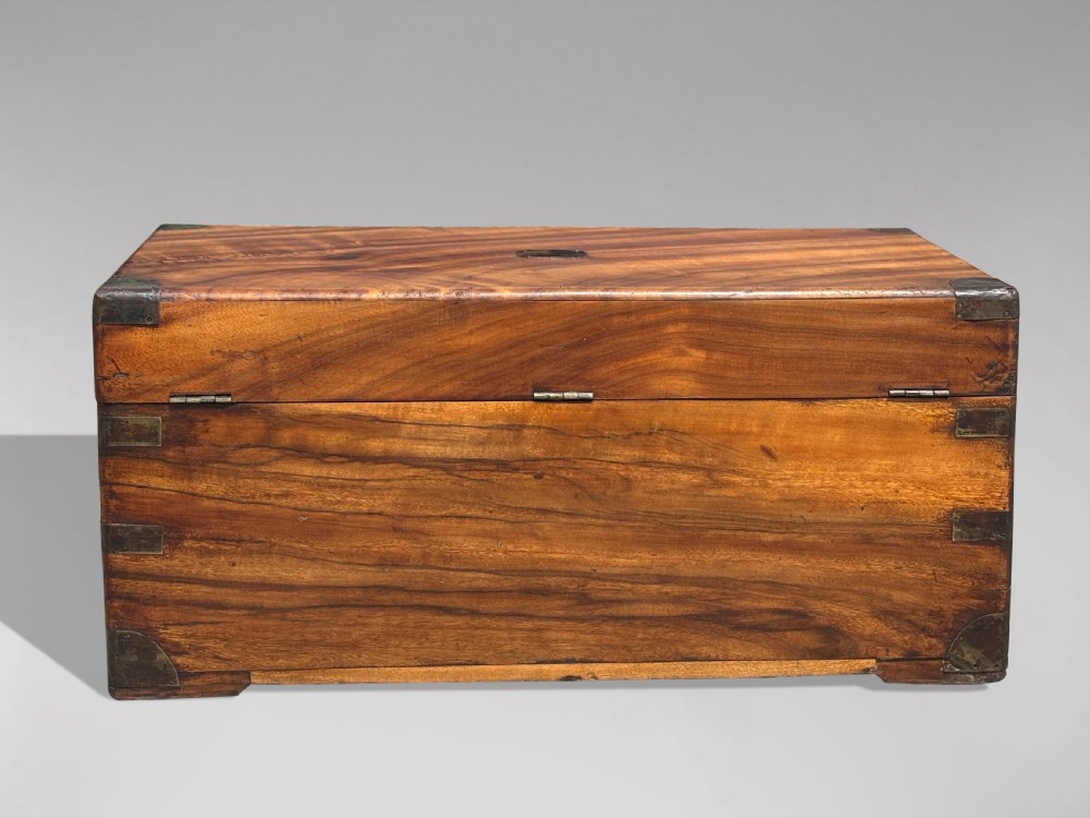 A 19th-century rectangular camphor wood campaign trunk with brass corner fittings and side carrying handles. View V