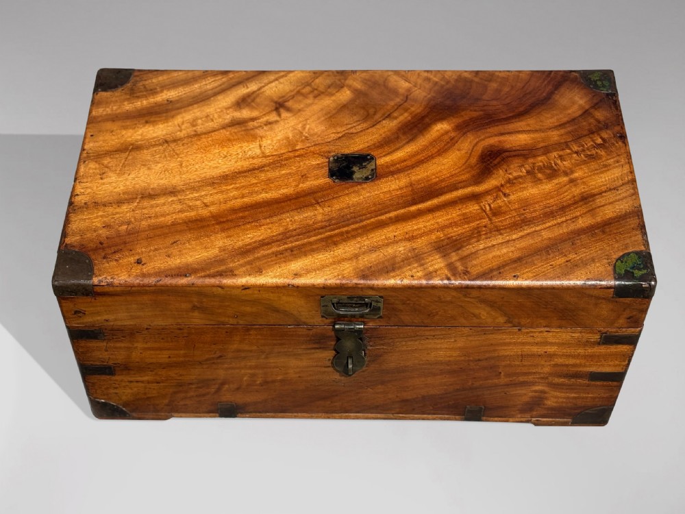 A 19th-century rectangular camphor wood campaign trunk with brass corner fittings and side carrying handles. View VI