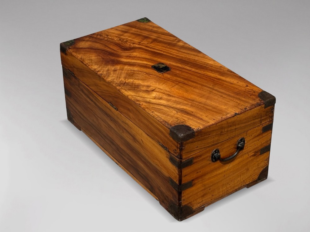 A 19th-century rectangular camphor wood campaign trunk with brass corner fittings and side carrying handles. View IX
