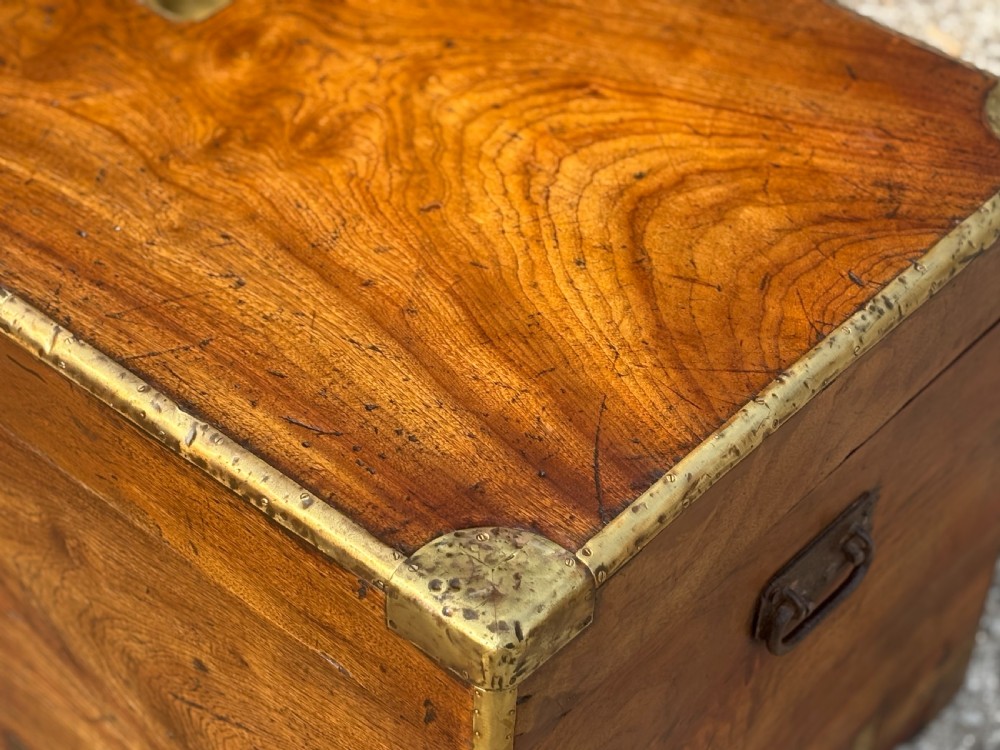 A rectangular 19th-century camphor wood campaign trunk with brass corner strapping, edge binding, a central flush plaque, and iron side handles. View III