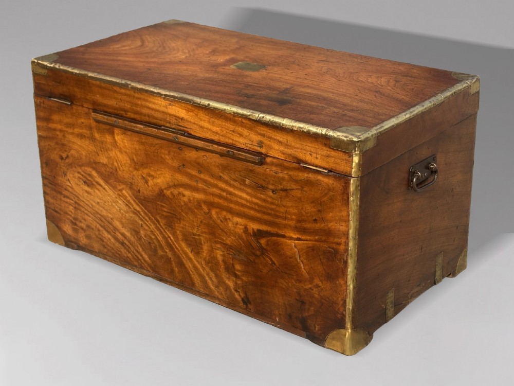 A rectangular 19th-century camphor wood campaign trunk with brass corner strapping, edge binding, a central flush plaque, and iron side handles. View VII