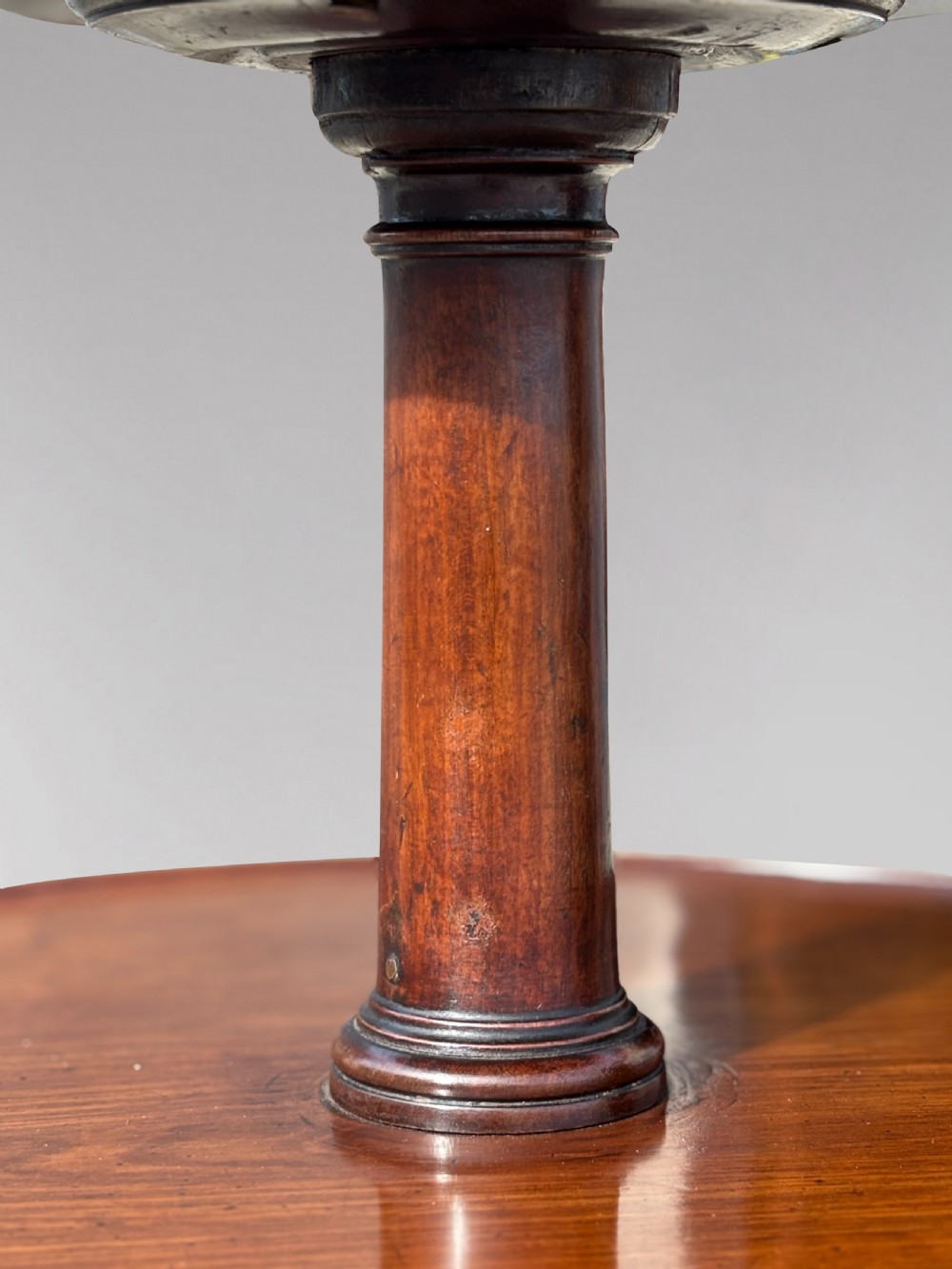 An 18th-century George III mahogany dumb waiter featuring three graduated circular tiers supported by turned columns on a tripod base. View III