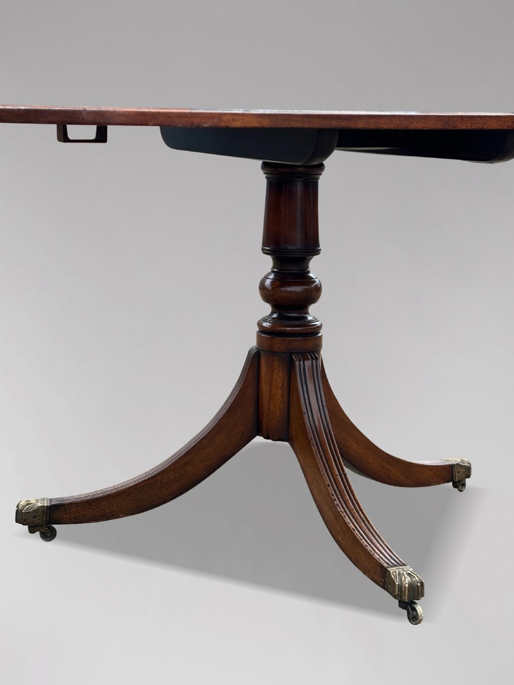 An early nineteenth-century mahogany twin pedestal dining table with a rounded rectangular top, reeded splayed legs, and brass castors. View VII