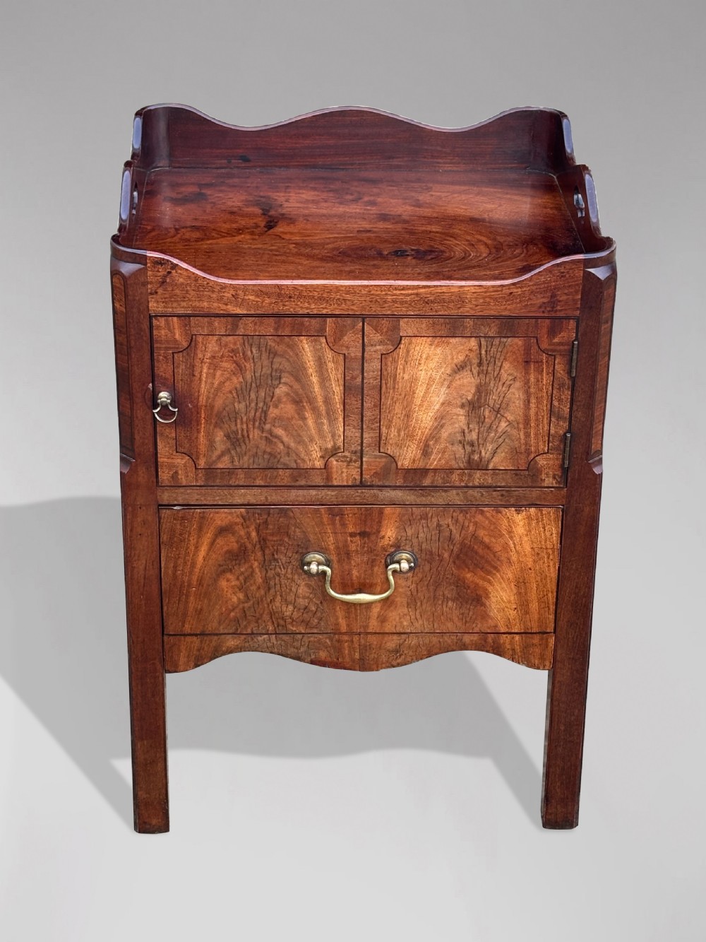An 18th-century George III mahogany tray-top commode featuring shaped gallery sides, a cupboard with twin panel doors, a lower drawer with brass swan-neck handle, and square legs. View II