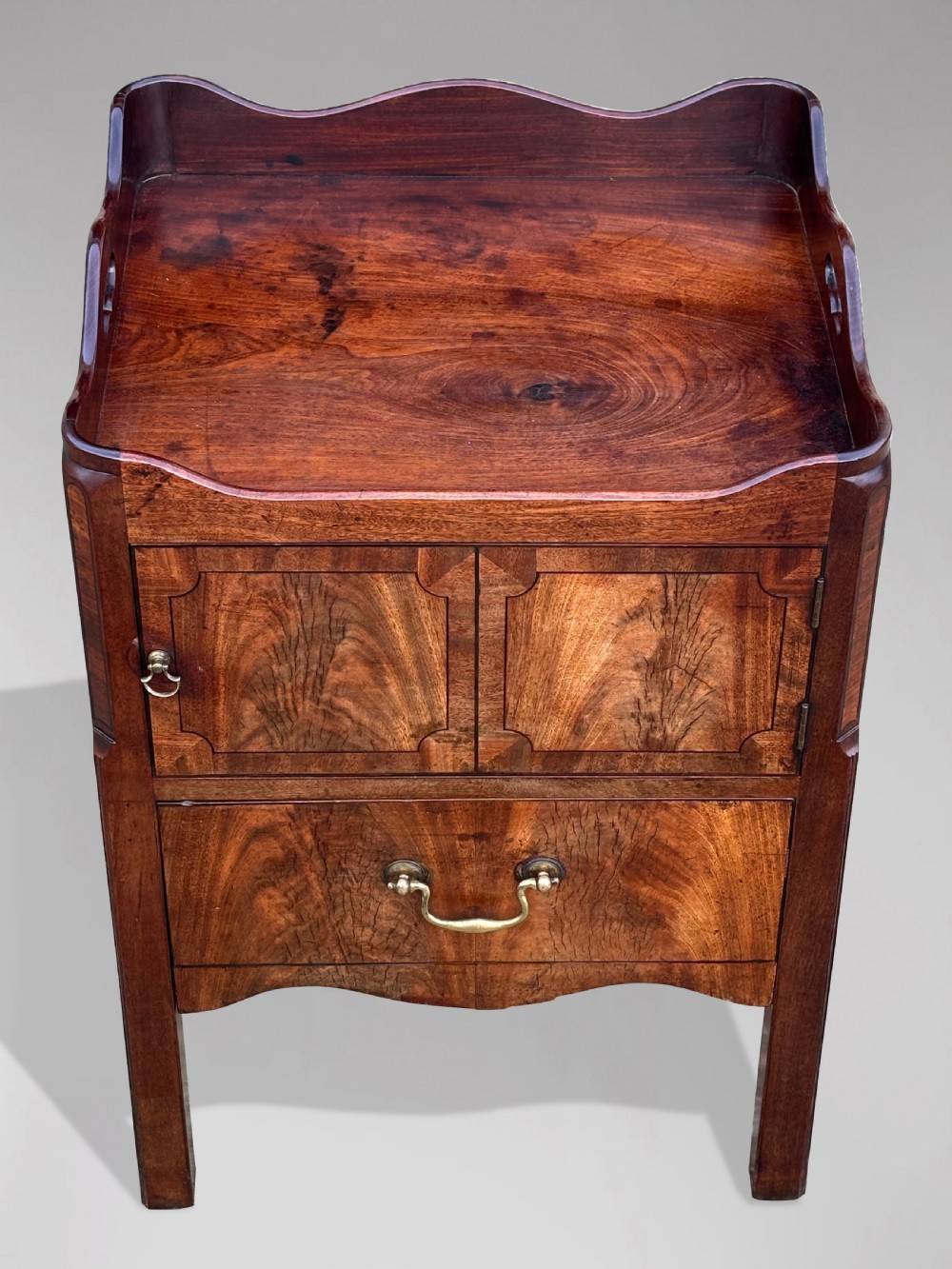 An 18th-century George III mahogany tray-top commode featuring shaped gallery sides, a cupboard with twin panel doors, a lower drawer with brass swan-neck handle, and square legs. View III