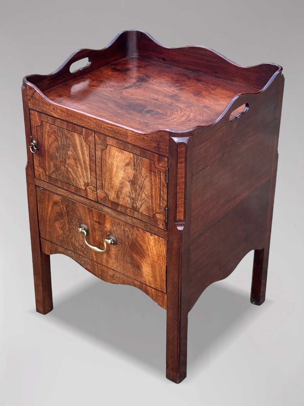 An 18th-century George III mahogany tray-top commode featuring shaped gallery sides, a cupboard with twin panel doors, a lower drawer with brass swan-neck handle, and square legs. View IV