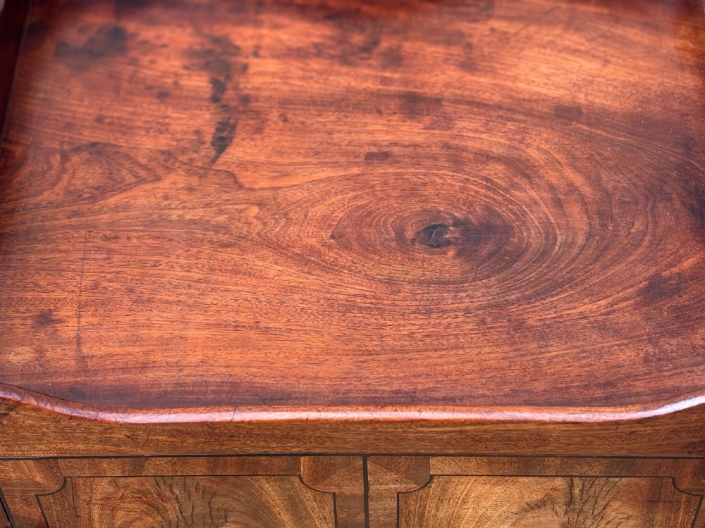 An 18th-century George III mahogany tray-top commode featuring shaped gallery sides, a cupboard with twin panel doors, a lower drawer with brass swan-neck handle, and square legs. View VI