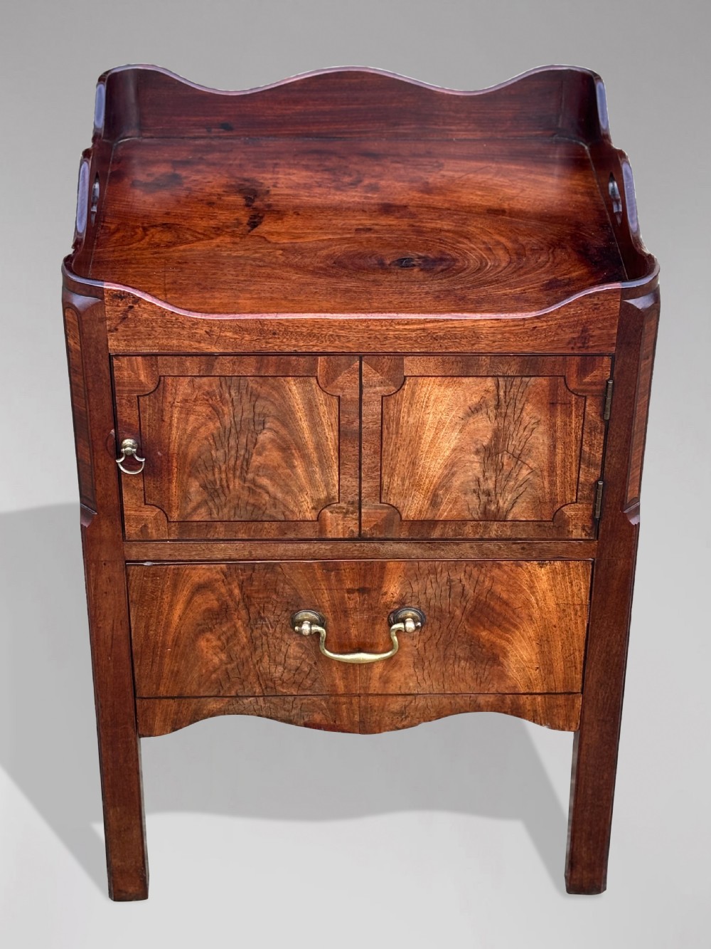 An 18th-century George III mahogany tray-top commode featuring shaped gallery sides, a cupboard with twin panel doors, a lower drawer with brass swan-neck handle, and square legs. View VIII