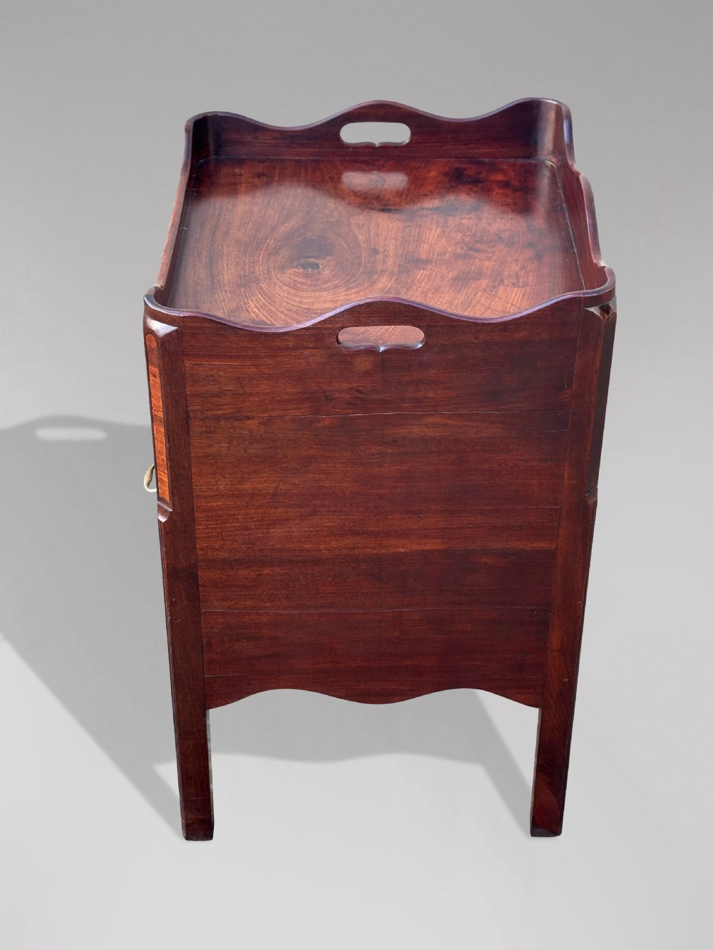 An 18th-century George III mahogany tray-top commode featuring shaped gallery sides, a cupboard with twin panel doors, a lower drawer with brass swan-neck handle, and square legs. View X