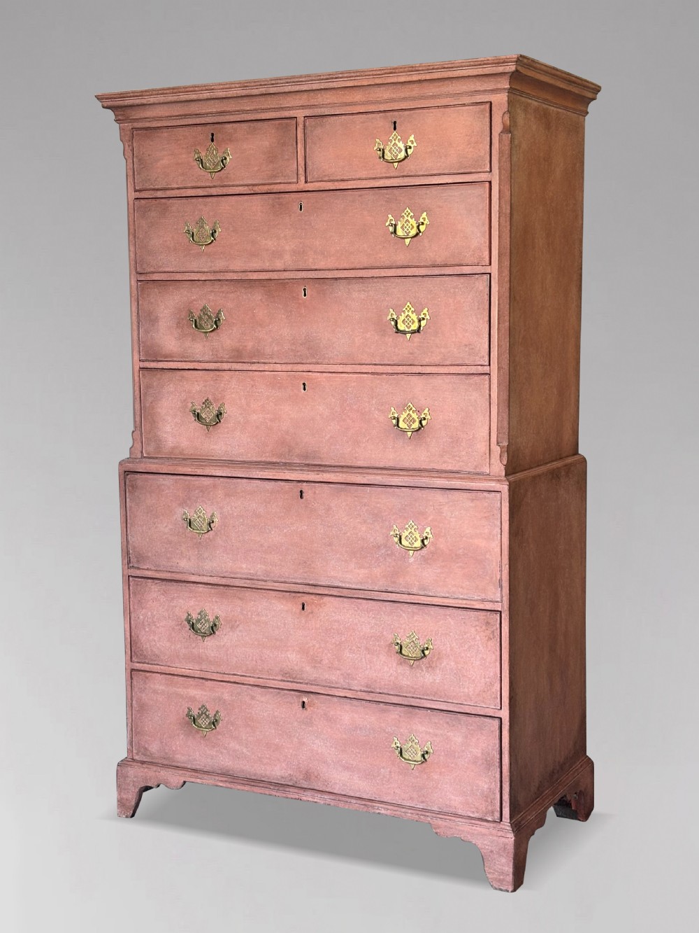 An 18th-century George III painted secretaire tallboy with brass hardware and an open drop-front writing compartment disclosing fitted pigeonholes. View II