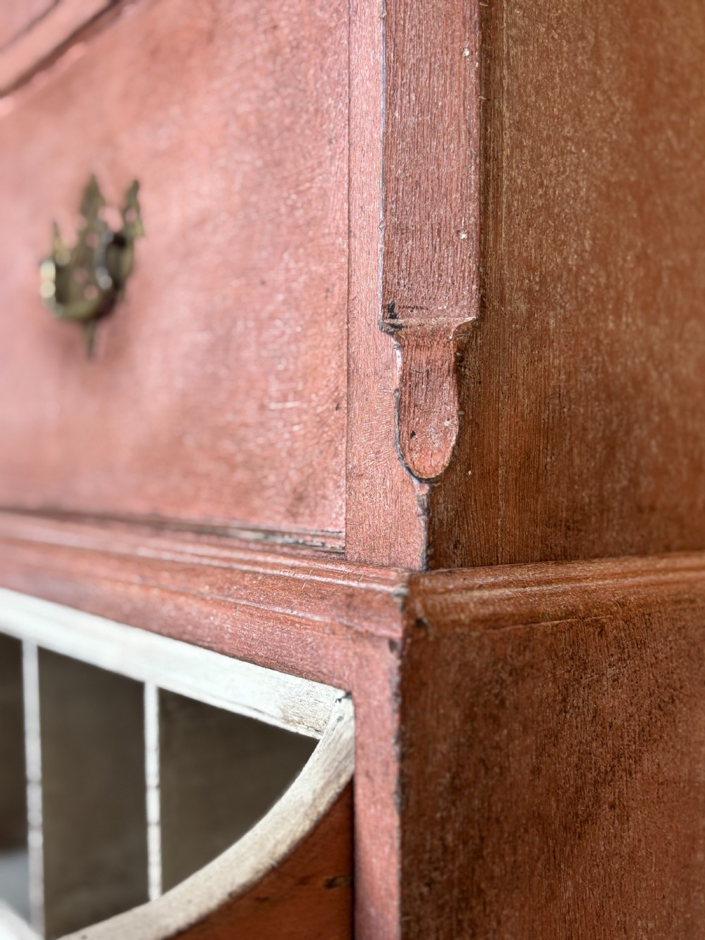 An 18th-century George III painted secretaire tallboy with brass hardware and an open drop-front writing compartment disclosing fitted pigeonholes. View IV
