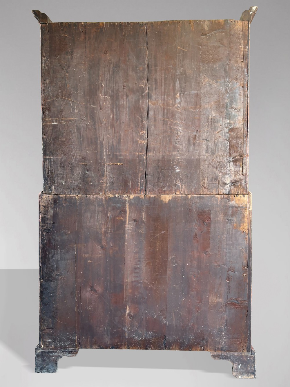 An 18th-century George III painted secretaire tallboy with brass hardware and an open drop-front writing compartment disclosing fitted pigeonholes. View V