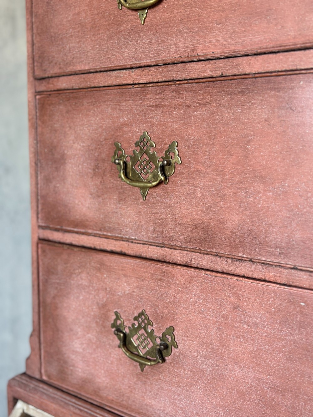 An 18th-century George III painted secretaire tallboy with brass hardware and an open drop-front writing compartment disclosing fitted pigeonholes. View VI