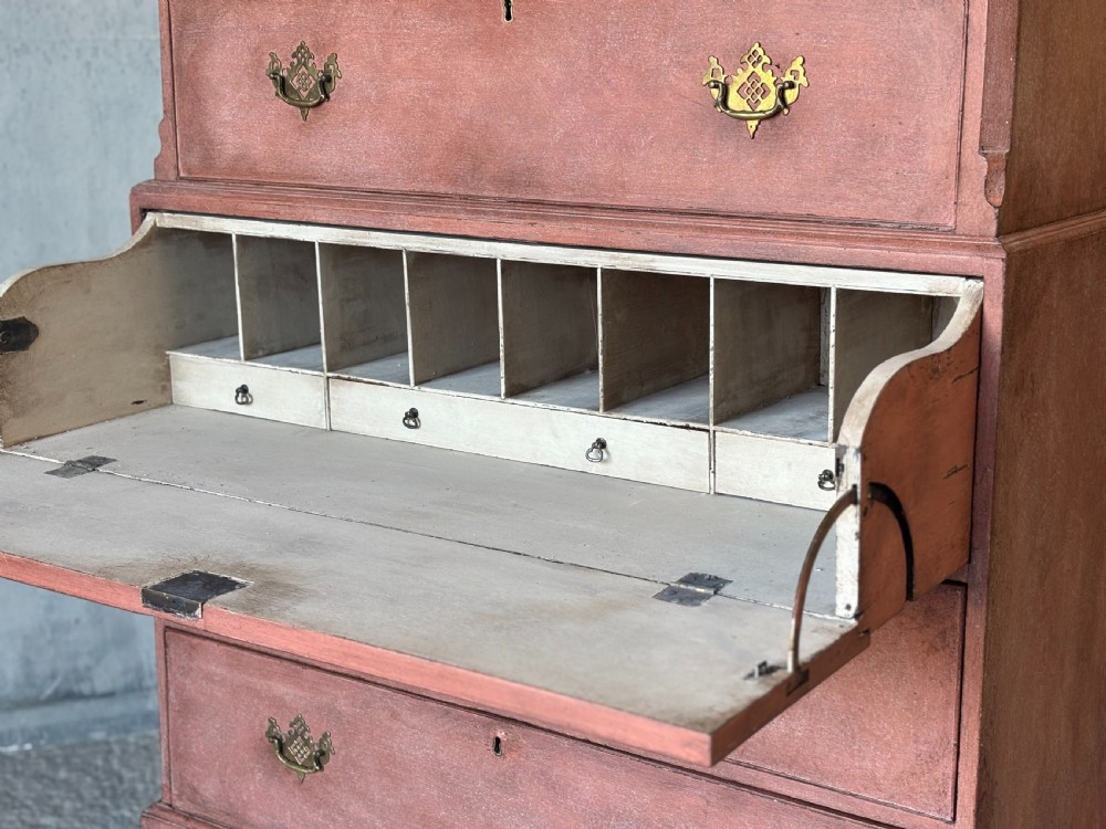An 18th-century George III painted secretaire tallboy with brass hardware and an open drop-front writing compartment disclosing fitted pigeonholes. View VII