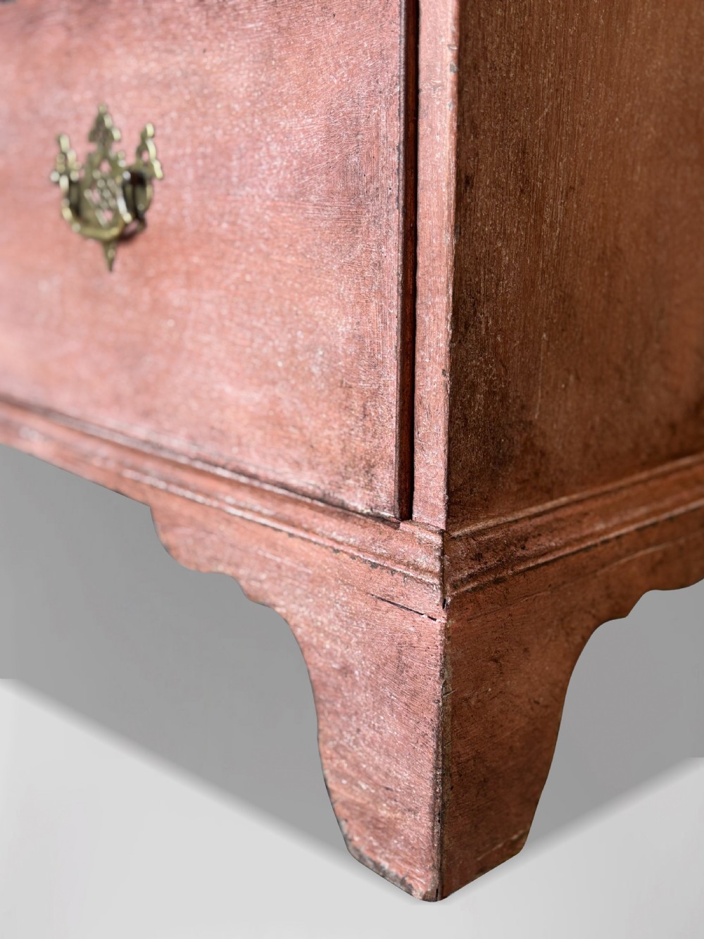 An 18th-century George III painted secretaire tallboy with brass hardware and an open drop-front writing compartment disclosing fitted pigeonholes. View VIII