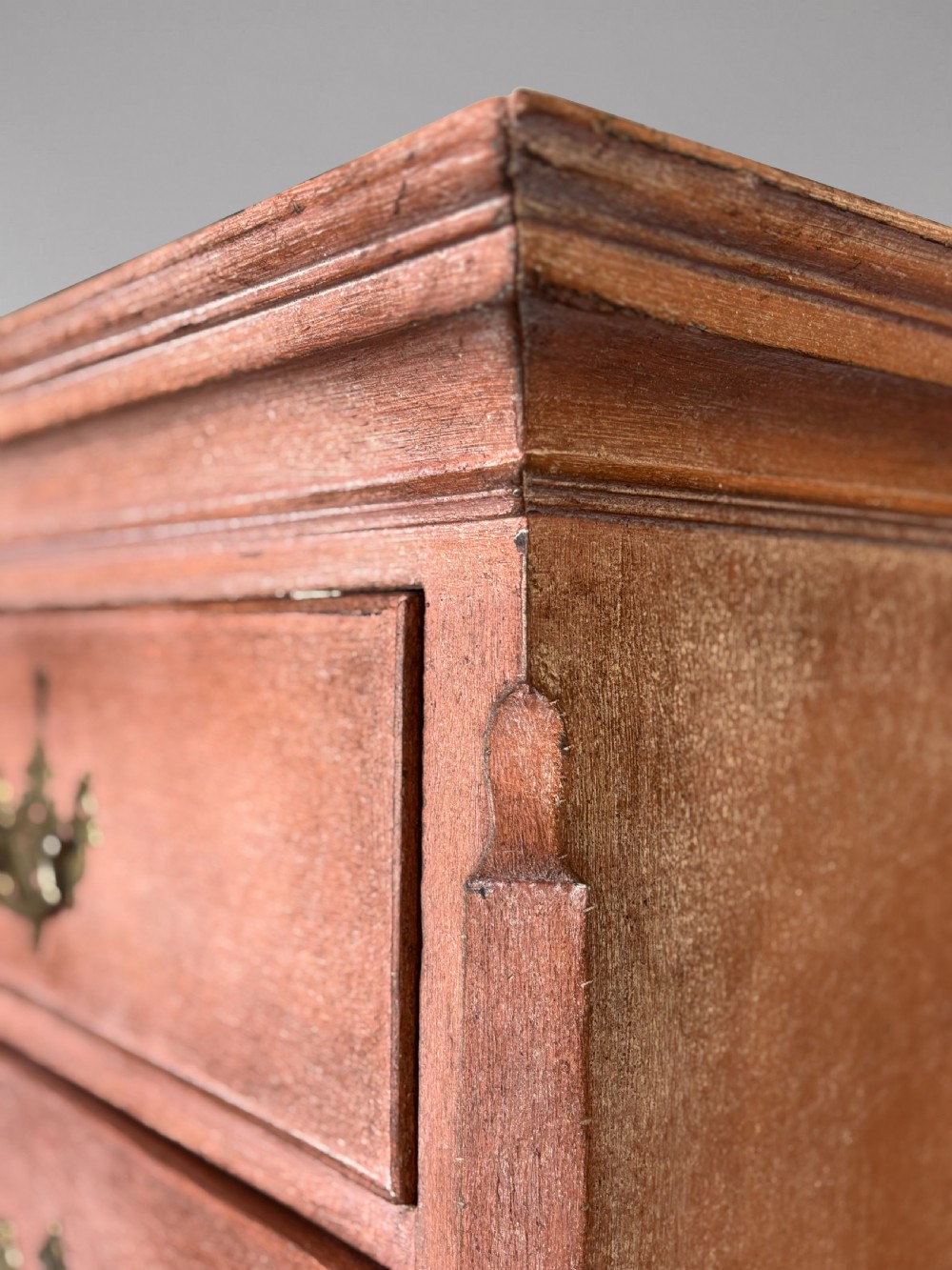 An 18th-century George III painted secretaire tallboy with brass hardware and an open drop-front writing compartment disclosing fitted pigeonholes. View IX