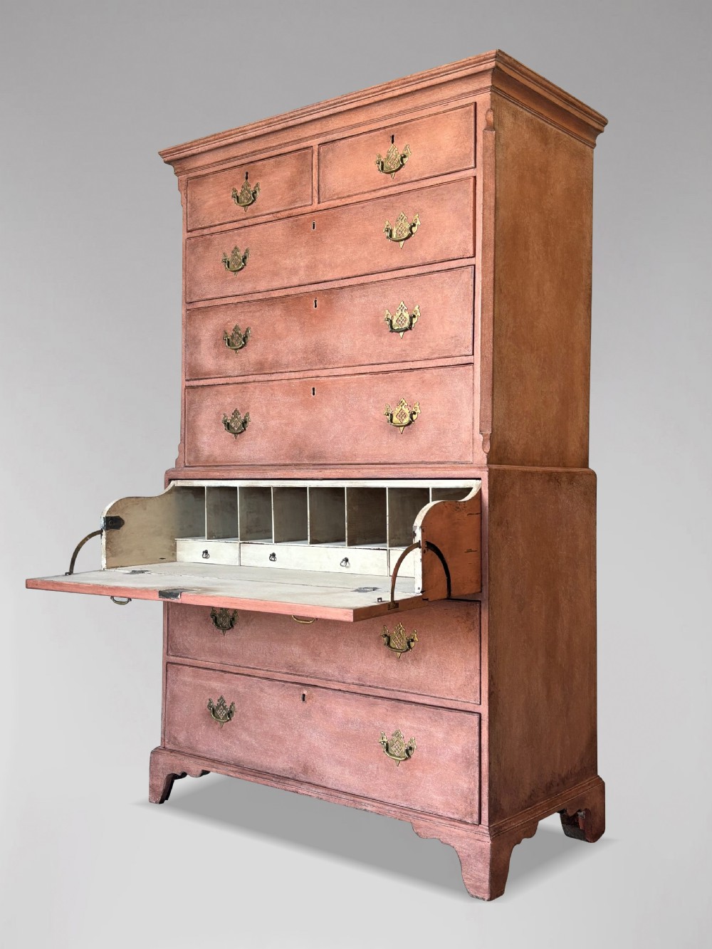 An 18th-century George III painted secretaire tallboy with brass hardware and an open drop-front writing compartment disclosing fitted pigeonholes. View X