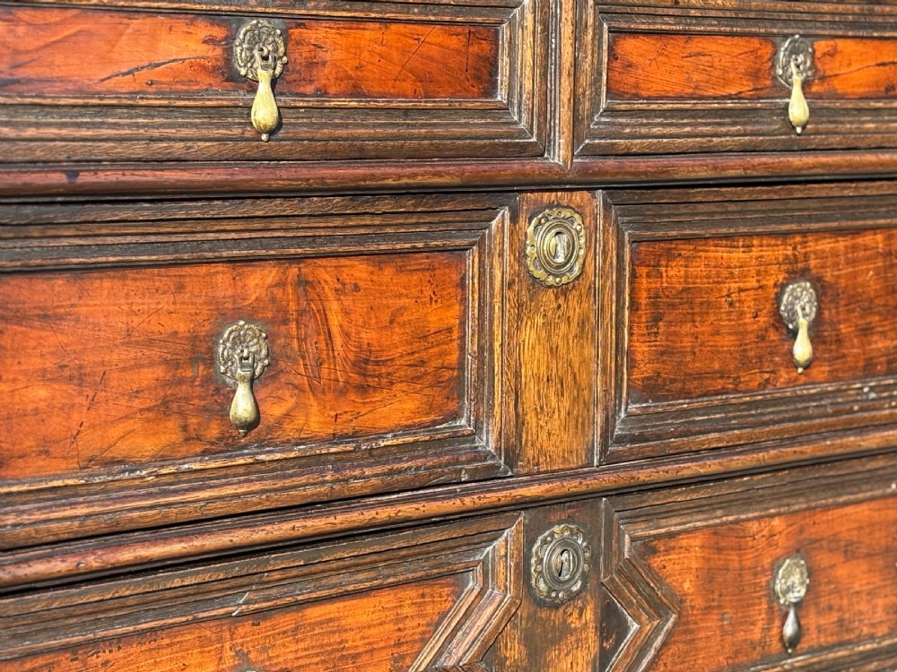 A 17th-century Charles II oak chest of drawers featuring geometric mitred mouldings, two short drawers over three long drawers, and brass teardrop handles. View VII