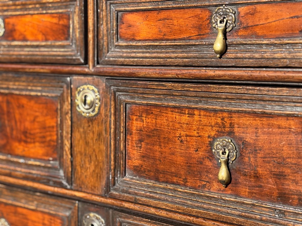 A 17th-century Charles II oak chest of drawers featuring geometric mitred mouldings, two short drawers over three long drawers, and brass teardrop handles. View XI