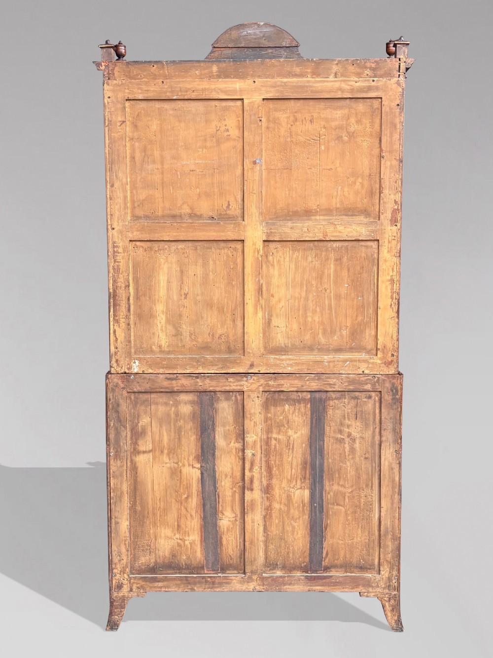 An 18th-century George III satinwood bureau bookcase featuring a glazed upper display cabinet above a cylinder writing section and two inlaid lower doors. View XVI
