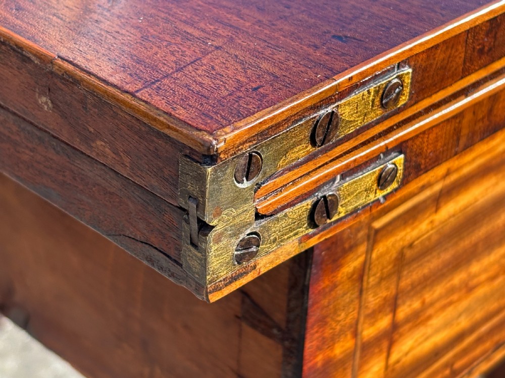 An 18th-century George III mahogany fold-over tea table featuring fine string inlay, a frieze drawer with brass handles, and tapered legs. View VIII