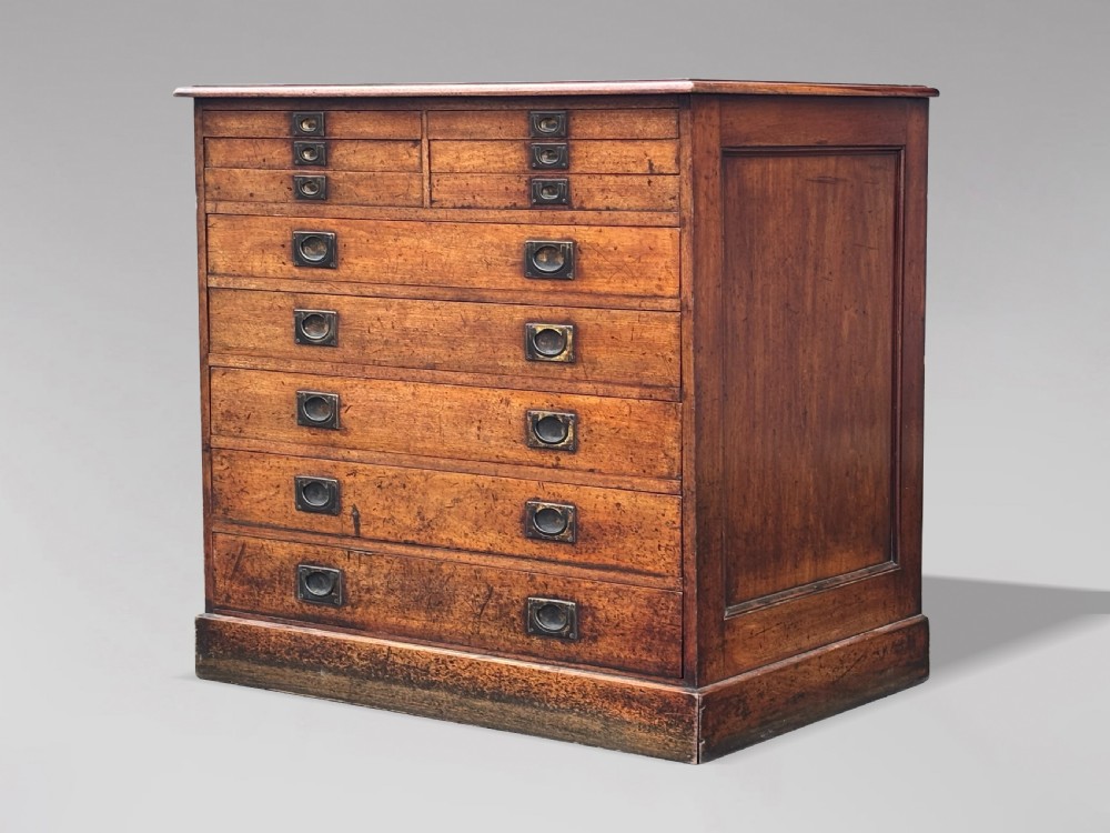 A nineteenth-century mahogany campaign filing cabinet featuring multiple drawers with flush brass handles and a dark leather inset top surface. View III